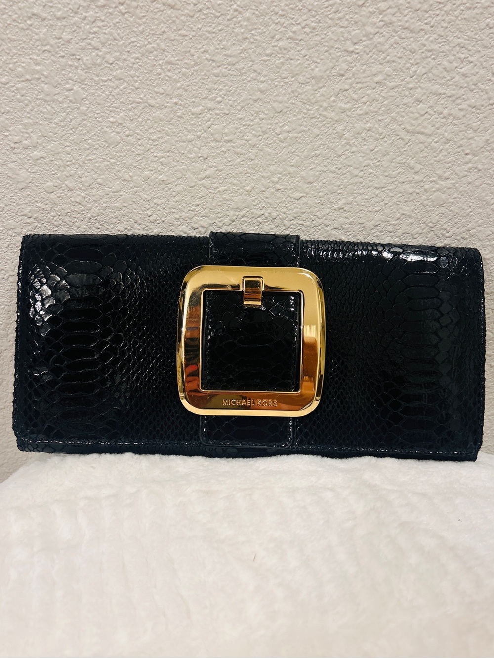 Michael Kors Black  Leather Clutch with Gold Buckle 10.5 inches